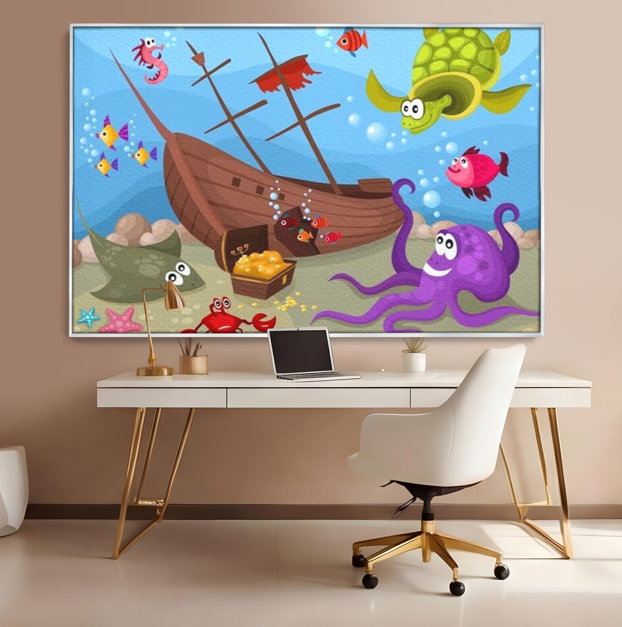Tablou canvas cu ilustratie animata cu vietuitoare marine si epava, in rama de aluminiu argintiu, pe perete intr-un birou